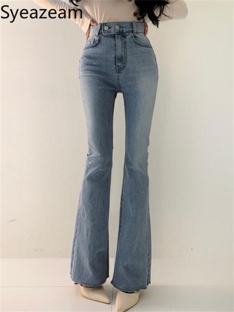 Syeazeam All-match Jeans Women&s High-waisted Slimming Two-button Double-pocket Design Micro-horn 2022 Spring Trousers